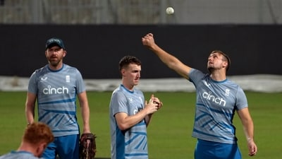England's Liam Livingstone and Harry Brook during a practice session (PTI) England's Liam Livingstone and Harry Brook during a practice session (PTI)