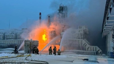 This handout photograph published on the official Telegram account of the governor of the Leningrad region Aleksandr Drozdenko on January 21, 2024, shows rescuers working to extinguish a fire at a natural gas terminal in the Russian Baltic Sea port of Ust-Luga. (AFP) This handout photograph published on the official Telegram account of the governor of the Leningrad region Aleksandr Drozdenko on January 21, 2024, shows rescuers working to extinguish a fire at a natural gas terminal in the Russian Baltic Sea port of Ust-Luga. (AFP)