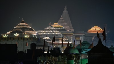 Ram Temple illuminated on Sunday, on the eve of the pran-pratishtha ceremony in Ayodhya. Ram Temple illuminated on Sunday, on the eve of the pran-pratishtha ceremony in Ayodhya.