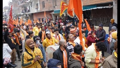 Residents participating in a religious procession in Phase 11, Mohali, ahead of Ram Mandir’s inauguration in Ayodhya on January 22. (Sanjeev Sharma/HT) Residents participating in a religious procession in Phase 11, Mohali, ahead of Ram Mandir’s inauguration in Ayodhya on January 22. (Sanjeev Sharma/HT)
