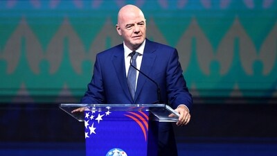Gianni Infantino, President of FIFA, speaks during the official draw of CONMEBOL Copa America 2024 at James L. Knight Center (Getty Images via AFP)