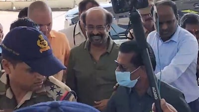 Actor Rajinikanth leaves from Chennai Airport to Ayodhya to attend the ‘pran pratishtha’ ceremony on Monday. (ANI) Actor Rajinikanth leaves from Chennai Airport to Ayodhya to attend the ‘pran pratishtha’ ceremony on Monday. (ANI)