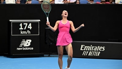Ukraine's Marta Kostyuk reacts after winning her fourth round match against Russia's Maria Timofeeva (REUTERS)