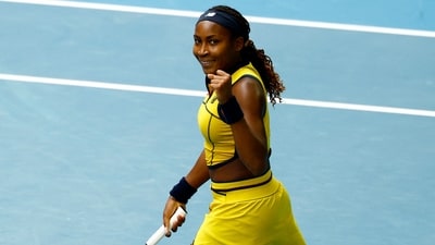 Coco Gauff of the U.S. celebrates winning her fourth round match against Poland's Magdalena Frech (REUTERS)
