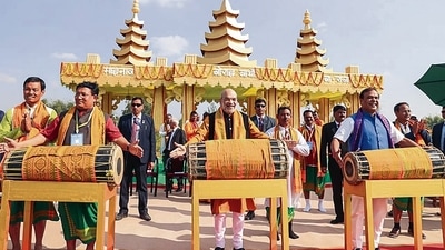 Union Home Minister Amit Shah with Assam Chief Minister Himanta Biswa Sarma in Sonitpur district of Assam on Saturday. (ANI) Union Home Minister Amit Shah with Assam Chief Minister Himanta Biswa Sarma in Sonitpur district of Assam on Saturday. (ANI)