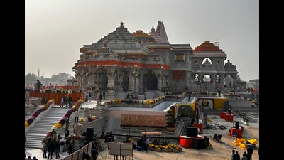 View of the Ram Temple ahead of its consecration ceremony, in Ayodhya, Sunday. (PTI) View of the Ram Temple ahead of its consecration ceremony, in Ayodhya, Sunday. (PTI)