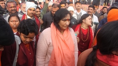 Sadhvi Ritambhara reached Ayodhya ahead of the 'pran prathishtha' ceremony of the Ram Temple on Monday. (Deepak Gupta/HT Photo) Sadhvi Ritambhara reached Ayodhya ahead of the 'pran prathishtha' ceremony of the Ram Temple on Monday. (Deepak Gupta/HT Photo)