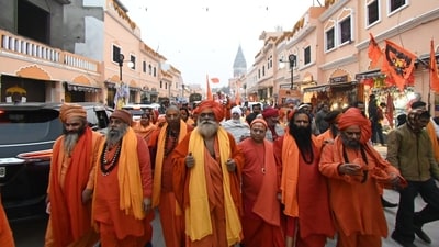 A procession of Sadhus marches at Rampath after offering prayers at Hanuman Garhi temple in Ayodhya. (Deepak Gupta/HT Photo) A procession of Sadhus marches at Rampath after offering prayers at Hanuman Garhi temple in Ayodhya. (Deepak Gupta/HT Photo)