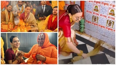 Kangana Ranaut during a temple visit in Ayodhya on Sunday. Kangana Ranaut during a temple visit in Ayodhya on Sunday.