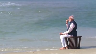 Prime Minister Narendra Modi at Arichal Munai, the point from where the Ram Setu was built, near Dhanushkodi in Tamil Nadu on Sunday morning. Prime Minister Narendra Modi at Arichal Munai, the point from where the Ram Setu was built, near Dhanushkodi in Tamil Nadu on Sunday morning.