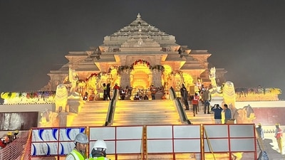 A glimpse of the illuminated Ram Janmabhoomi Temple as preparations are underway ahead of the consecration ceremony (ANI) A glimpse of the illuminated Ram Janmabhoomi Temple as preparations are underway ahead of the consecration ceremony (ANI)