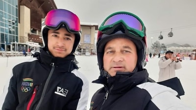 Sahil Thakur (right) and ski coach Chuni Lal Thakur in Gangwon, South Korea (Facebook) Sahil Thakur (right) and ski coach Chuni Lal Thakur in Gangwon, South Korea (Facebook)