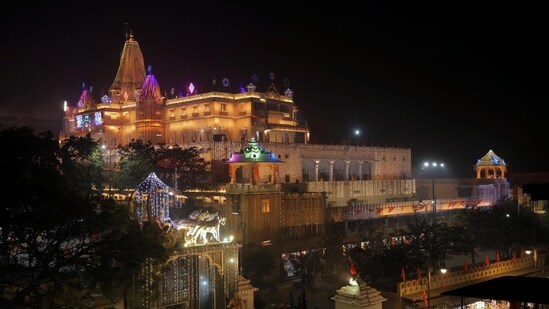 An illuminated view of Sri Krishna Janamsthan temple on the eve of Pran Pratishtha ceremony of Ayodhya Ram Temple, in Ayodhya on Sunday. (ANI)