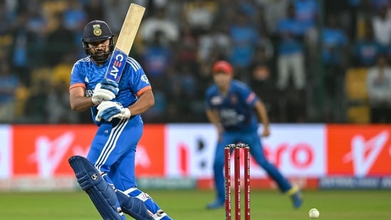 India's captain Rohit Sharma plays a shot during the super over of third and final Twenty20 international cricket match between India and Afghanistan