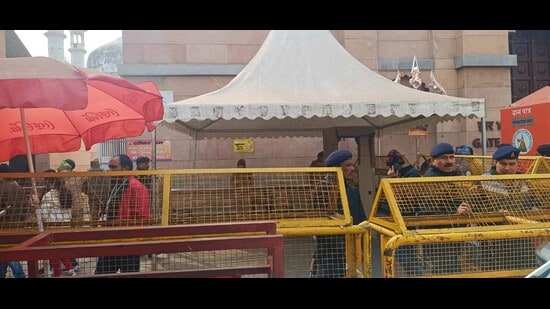 The cleaning of tank in the sealed Wazukhana of Gyanvapi mosque was carried out under tight security. (HT file)