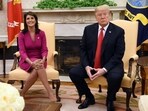 (FILES) US President Donald Trump meets with Nikki Haley, the United States Ambassador to the United Nations in the Oval office of the White House on October 9, 2018 in Washington, DC. (FILES) US President Donald Trump meets with Nikki Haley, the United States Ambassador to the United Nations in the Oval office of the White House on October 9, 2018 in Washington, DC.