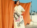 A white hand-painted saree featuring Shri Ram on the pallu from designer Neha Vadehra(Photo: Irbaz Ali; Location courtesy: Harinder Singh, 1469 Original)