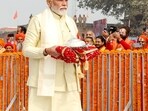 Prime Minister Narendra Modi arrives to attend the consecration ceremony of the Ram Temple in Ayodhya.