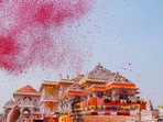 Ayodhya: Flower petals being showered at the Ram Mandir during the 'Pran Pratishtha' ceremony, in Ayodhya. Ayodhya: Flower petals being showered at the Ram Mandir during the 'Pran Pratishtha' ceremony, in Ayodhya.