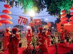 People celebrate the inauguration of Ayodhya's Ram Temple in New Delhi on January 22. People celebrate the inauguration of Ayodhya's Ram Temple in New Delhi on January 22.