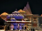 Ram Temple is lit up on Sunday ahead of the consecration ceremony. (PTI) Ram Temple is lit up on Sunday ahead of the consecration ceremony. (PTI)