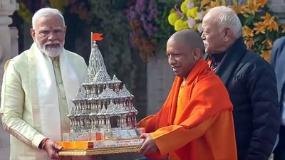 Prime Minister Narendra Modi being felicitated by Uttar Pradesh chief minister Yogi Adityanath in the presence of RSS chief Mohan Bhagwat during the 'Pran Pratishtha' ceremony of the Ram Janmabhoomi Temple in Ayodhya on Monday. (ANI) Prime Minister Narendra Modi being felicitated by Uttar Pradesh chief minister Yogi Adityanath in the presence of RSS chief Mohan Bhagwat during the 'Pran Pratishtha' ceremony of the Ram Janmabhoomi Temple in Ayodhya on Monday. (ANI)