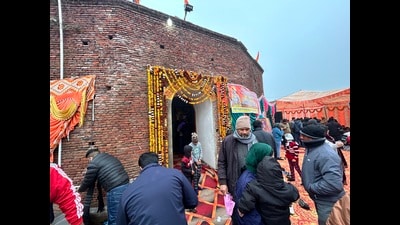 Amid the grand consecration ceremony at the Ram temple in Ayodhya today, residents of Ghuram village, believed to be the place of maternal grandparents of Lord Ram, asked the central government to renovate the dilapidated historic Mata Kaushalya temple in their village. (HT Photo)