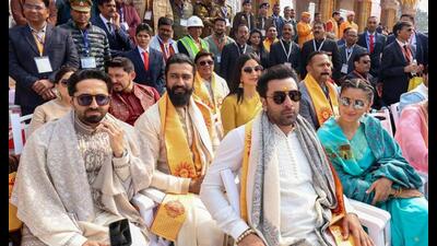 Bollywood actors Ayushmann Khurrana, Vicky Kaushal, Katrina Kaif, Ranbir Kapoor and Alia Bhatt attend the opening of the grand Ram temple in Ayodhya. (REUTER) Bollywood actors Ayushmann Khurrana, Vicky Kaushal, Katrina Kaif, Ranbir Kapoor and Alia Bhatt attend the opening of the grand Ram temple in Ayodhya. (REUTER)