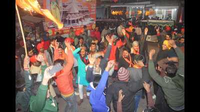Celebratory scenes were witnessed in Prayagraj on Monday (HT Photo)