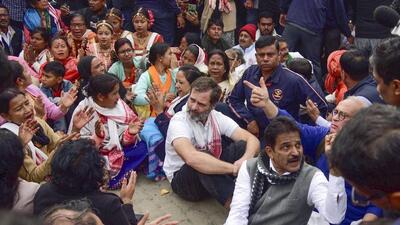 Congress leader Rahul Gandhi and party workers protest after he was not allowed to visit the Sri Sri Sankardeva Satra, in Nagaon district of Assam on Monday. (PTI) Congress leader Rahul Gandhi and party workers protest after he was not allowed to visit the Sri Sri Sankardeva Satra, in Nagaon district of Assam on Monday. (PTI)