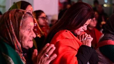 Devotees in Chandigarh watching the live-streaming of the Ram Temple consecration ceremony in Ayodhya on Monday. (Ravi Kumar/HT) Devotees in Chandigarh watching the live-streaming of the Ram Temple consecration ceremony in Ayodhya on Monday. (Ravi Kumar/HT)