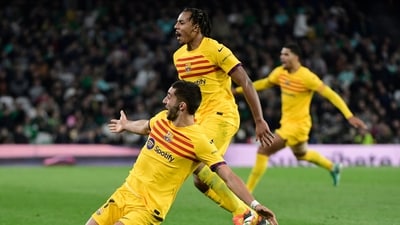 Barcelona's Spanish forward #07 Ferran Torres celebrates scoring his team's fourth goal during the Spanish League football match between Real Betis and FC Barcelona at the Benito Villamarin stadium in Seville on January 21 (AFP) Barcelona's Spanish forward #07 Ferran Torres celebrates scoring his team's fourth goal during the Spanish League football match between Real Betis and FC Barcelona at the Benito Villamarin stadium in Seville on January 21 (AFP)