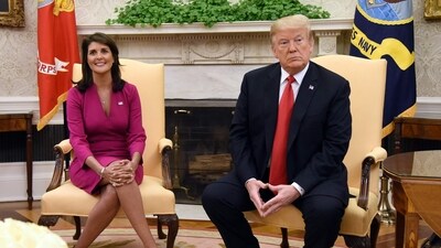(FILES) US President Donald Trump meets with Nikki Haley, the United States Ambassador to the United Nations in the Oval office of the White House on October 9, 2018 in Washington, DC. (AFP) (FILES) US President Donald Trump meets with Nikki Haley, the United States Ambassador to the United Nations in the Oval office of the White House on October 9, 2018 in Washington, DC. (AFP)