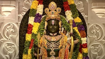 First look of Ram Lalla decorated with flowers and jewellery. (PTI) First look of Ram Lalla decorated with flowers and jewellery. (PTI)