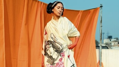 A white hand-painted saree featuring Shri Ram on the pallu from designer Neha Vadehra (Photo: Irbaz Ali; Location courtesy: Harinder Singh, 1469 Original) A white hand-painted saree featuring Shri Ram on the pallu from designer Neha Vadehra (Photo: Irbaz Ali; Location courtesy: Harinder Singh, 1469 Original)