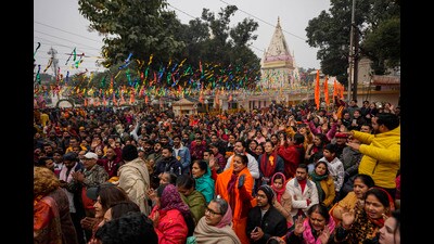 Hindu devotees gather at Raghutnath temple in Jammu on Monday. (AP) Hindu devotees gather at Raghutnath temple in Jammu on Monday. (AP)