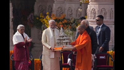 Indian Prime Minister Narendra Modi, second left, receives a souvenir from Uttar Pradesh Chief Minister Yogi Adityanath after the opening of a temple dedicated to Hinduism’s Lord Ram in Ayodhya, India, Monday, Jan. 22, 2024. Modi opened the controversial Hindu temple built on the ruins of a historic mosque in the holy city of Ayodhya in a grand event that is expected to galvanize Hindu voters in upcoming elections. AP/PTI (AP) Indian Prime Minister Narendra Modi, second left, receives a souvenir from Uttar Pradesh Chief Minister Yogi Adityanath after the opening of a temple dedicated to Hinduism’s Lord Ram in Ayodhya, India, Monday, Jan. 22, 2024. Modi opened the controversial Hindu temple built on the ruins of a historic mosque in the holy city of Ayodhya in a grand event that is expected to galvanize Hindu voters in upcoming elections. AP/PTI (AP)