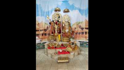 Lord Krishna with bow and arrow in his hand at Sri Krishna Janmabhoomi in Mathura on Monday. (HT)