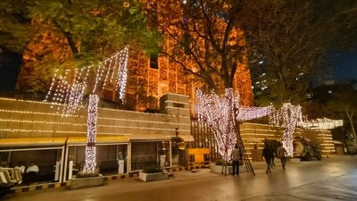 Decoration outside the industrialist Mukesh Ambani's residence 'Antilia' on the eve of the consecration ceremony of Ayodhya's Ram Temple in Mumbai. (PTI) Decoration outside the industrialist Mukesh Ambani's residence 'Antilia' on the eve of the consecration ceremony of Ayodhya's Ram Temple in Mumbai. (PTI)