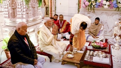 Prime Minister Shri Narendra Modi participated in the Pran Pratishtha ceremony of Shri Ramlalla at the newly-built Shri Ram Janmbhoomi Mandir in Ayodhya on Monday. (PTI) Prime Minister Shri Narendra Modi participated in the Pran Pratishtha ceremony of Shri Ramlalla at the newly-built Shri Ram Janmbhoomi Mandir in Ayodhya on Monday. (PTI)