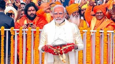 PM Modi reached Ayodhya earlier in the day to take part in the auspicious ceremony. "The divine moment of Pran Prathishta of Shri Ram Lala in Ayodhya Dham is an emotional moment for everyone. It is my good fortune to be part of this unique programme. Jai Siyaram," he said in a post on X. (PTI) PM Modi reached Ayodhya earlier in the day to take part in the auspicious ceremony. "The divine moment of Pran Prathishta of Shri Ram Lala in Ayodhya Dham is an emotional moment for everyone. It is my good fortune to be part of this unique programme. Jai Siyaram," he said in a post on X. (PTI)