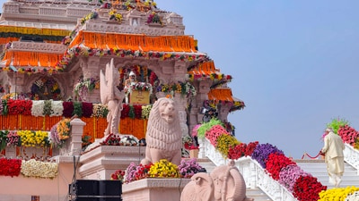PM Modi arrives for the consecration ceremony at the Ram Mandir in Ayodhya. After the ceremony, he will address a gathering. (PTI) PM Modi arrives for the consecration ceremony at the Ram Mandir in Ayodhya. After the ceremony, he will address a gathering. (PTI)