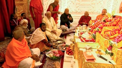 PM Modi took part in the elaborate 'pran pratishtha' rituals in the presence of Uttar Pradesh Governor Anandiben Patel, Uttar Pradesh Chief Minister Yogi Adityanath and RSS chief Mohan Bhagwat. (PTI) PM Modi took part in the elaborate 'pran pratishtha' rituals in the presence of Uttar Pradesh Governor Anandiben Patel, Uttar Pradesh Chief Minister Yogi Adityanath and RSS chief Mohan Bhagwat. (PTI)