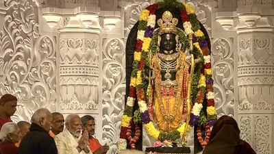 Ayodhya: Prime Minister Narendra Modi offers prayers before the idol of Ram Lalla during the 'Pran Pratishtha' rituals at the Ram Mandir, in Ayodhya. (PTI) Ayodhya: Prime Minister Narendra Modi offers prayers before the idol of Ram Lalla during the 'Pran Pratishtha' rituals at the Ram Mandir, in Ayodhya. (PTI)