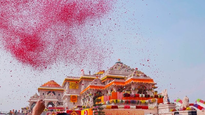 Ayodhya: Flower petals being showered at the Ram Mandir during the 'Pran Pratishtha' ceremony, in Ayodhya. (PTI) Ayodhya: Flower petals being showered at the Ram Mandir during the 'Pran Pratishtha' ceremony, in Ayodhya. (PTI)