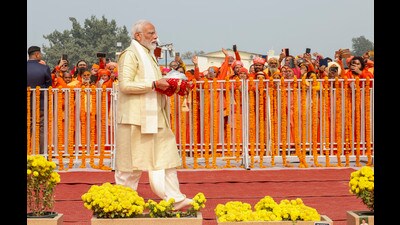 Prime Minister Narendra Modi arrives at the Ram Mandir for the 'Pran Pratishtha' ceremony, in Ayodhya, Monday. (PTI) Prime Minister Narendra Modi arrives at the Ram Mandir for the 'Pran Pratishtha' ceremony, in Ayodhya, Monday. (PTI)
