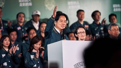 Lai Ching-te, Taiwan's vice president and presidential candidate for the ruling Democratic Progressive Party, speaks at an election night rally outside the party headquarters during the presidential election in Taipei, Taiwan, on Saturday, Jan. 13, 2024. (Bloomberg) Lai Ching-te, Taiwan's vice president and presidential candidate for the ruling Democratic Progressive Party, speaks at an election night rally outside the party headquarters during the presidential election in Taipei, Taiwan, on Saturday, Jan. 13, 2024. (Bloomberg)