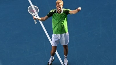 Russia's Daniil Medvedev celebrates victory against Portugal's Nuno Borges during their men's singles match on day nine of the Australian Open tennis tournament in Melbourne on January 22 (AFP) Russia's Daniil Medvedev celebrates victory against Portugal's Nuno Borges during their men's singles match on day nine of the Australian Open tennis tournament in Melbourne on January 22 (AFP)