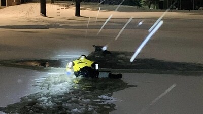 United States: Firefighter braving the cold water to rescue the deer trapped in a pond. (Facebook/City of Wyoming - City Hall) United States: Firefighter braving the cold water to rescue the deer trapped in a pond. (Facebook/City of Wyoming - City Hall)