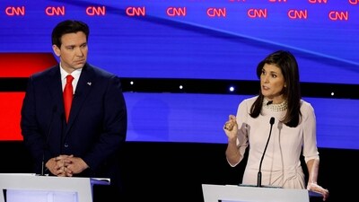 Ron DeSantis and Nikki Haley participate in the CNN Republican Presidential Primary Debate in Sheslow Auditorium at Drake University on January 10, 2024 in Des Moines, Iowa (Photo by CHIP SOMODEVILLA / GETTY IMAGES NORTH AMERICA / Getty Images via AFP) (Getty Images via AFP)